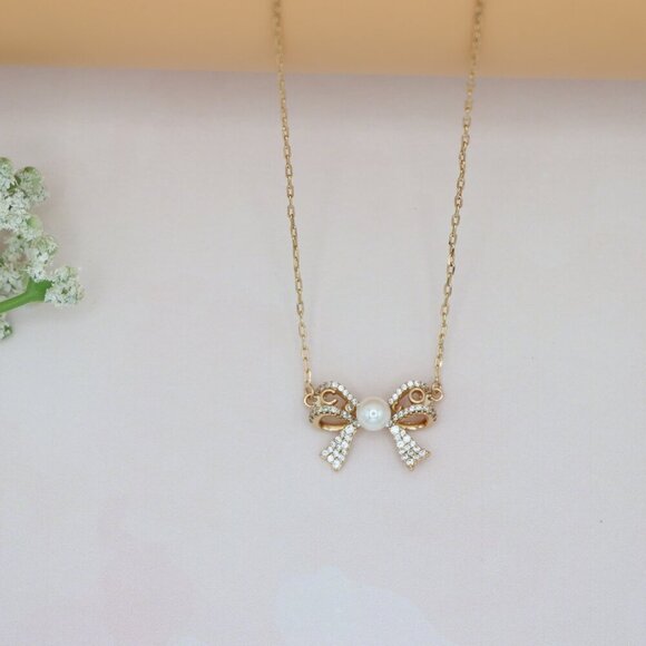 Rose Gold Bow Pendant Necklace with Pearl and Crystals , XPNL0171 - Picture 10 of 13